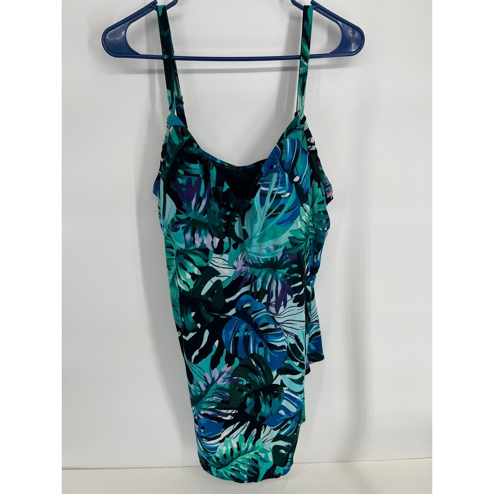 Aqua Green Womens 18W Tropical Monstera Leaf Tieredโ Tankini Swim Top Teal Blue